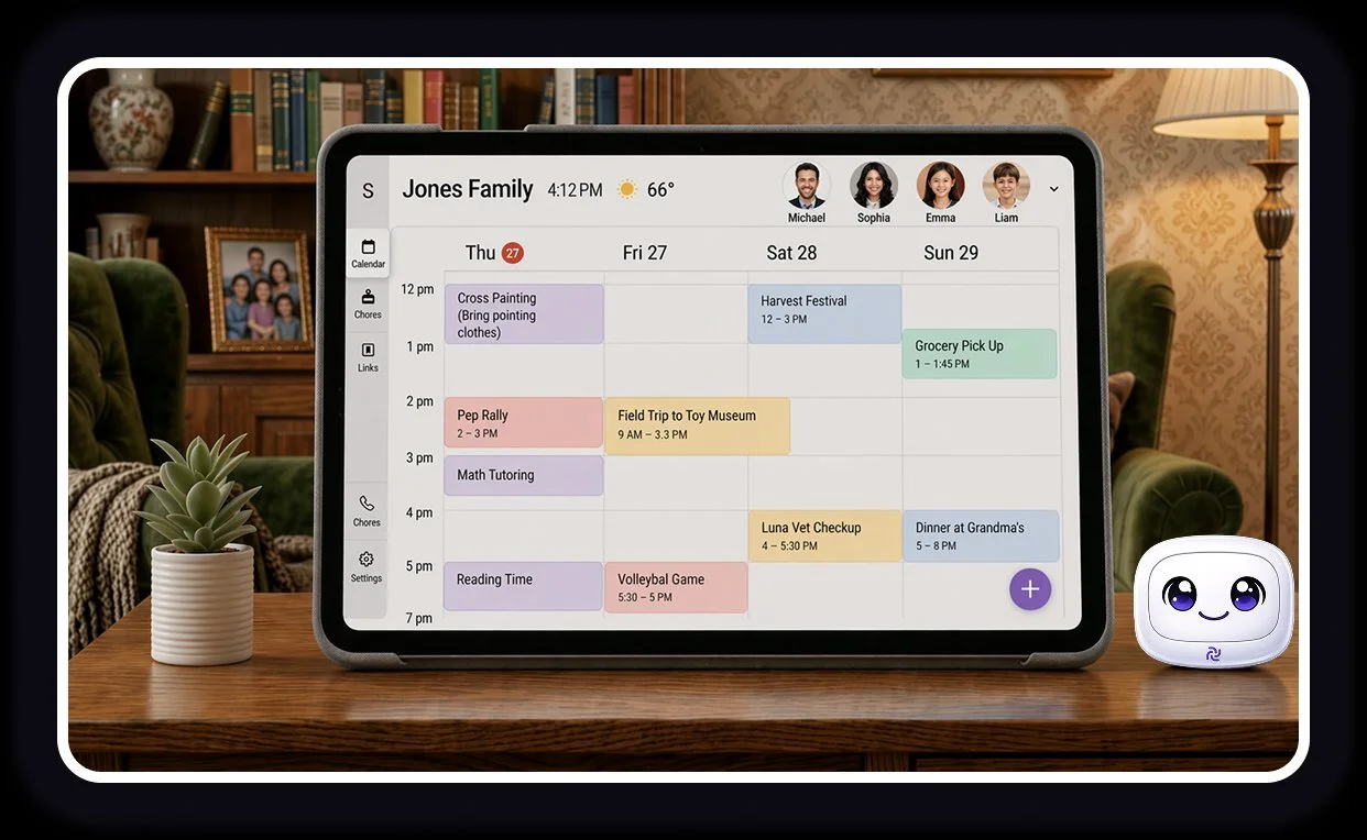 TellySynco family calendar on iPad showing colour-coded schedules