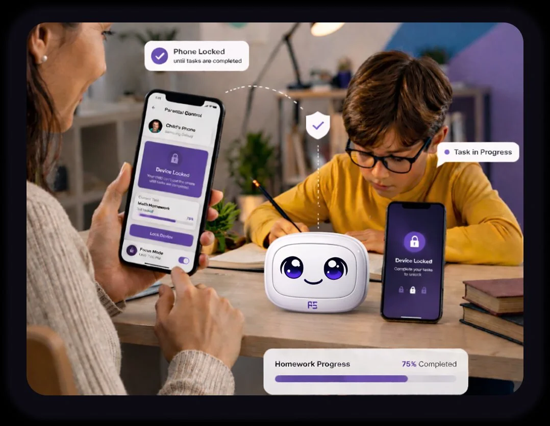 Parent and child using TellySynco task-based phone locking
