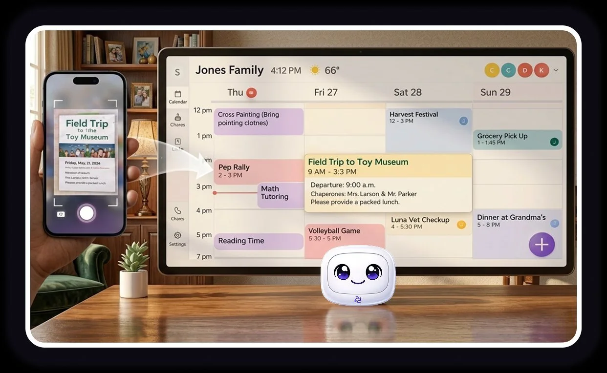 iPhone capturing school flyer with TellySynco adding event to family calendar